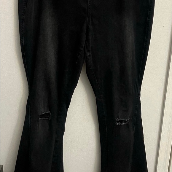 Button Free Elastic Waist Distressed Flared Long Bell Bottom Denim Jeans - Picture 3 of 8